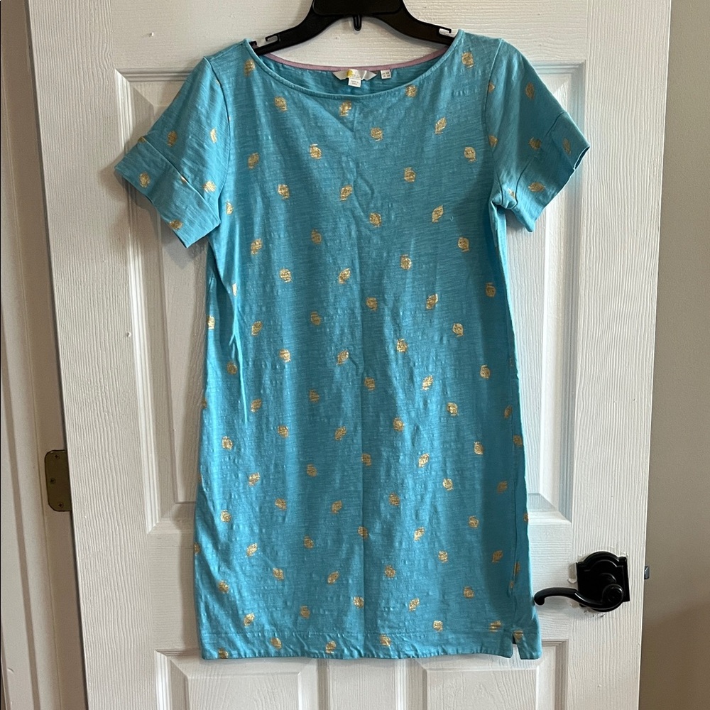 Boden Turquoise Blue Teeshirt Dress with Gold Lemon Detail